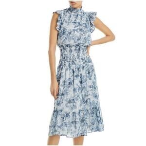 Aqua Blue Gold Smocked Floral Ruffle Dress Small